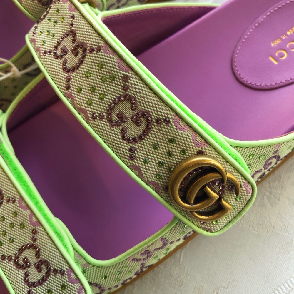 Gucci Crystal Canvas Purple/Lime GG Slides Sandals Women’s Size 39+ US-9 Shoes - Picture 14 of 14